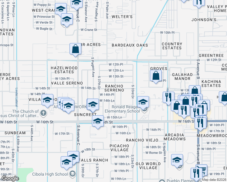 map of restaurants, bars, coffee shops, grocery stores, and more near 3595 West 14th Place in Yuma