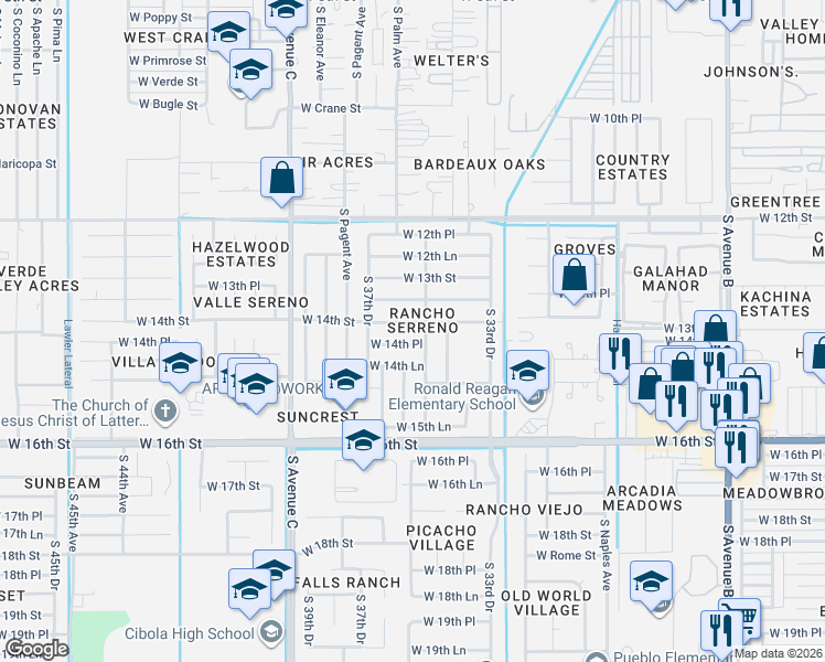 map of restaurants, bars, coffee shops, grocery stores, and more near 3595 West 14th Place in Yuma