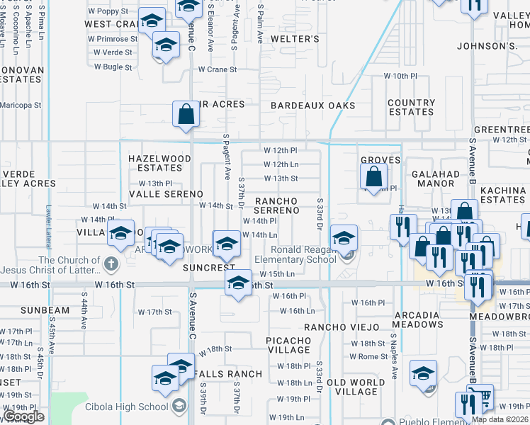 map of restaurants, bars, coffee shops, grocery stores, and more near 3595 West 14th Place in Yuma