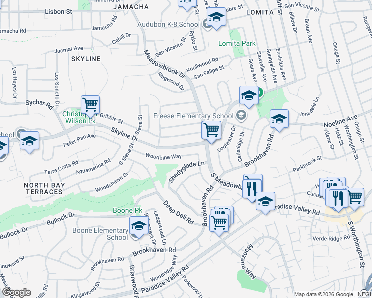 map of restaurants, bars, coffee shops, grocery stores, and more near 7775 Woodbine Way in San Diego