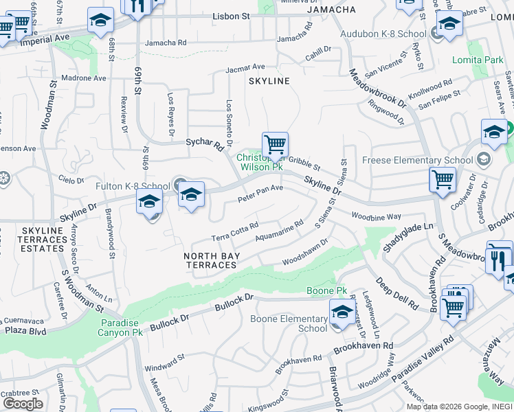 map of restaurants, bars, coffee shops, grocery stores, and more near 90 Danawoods Ln in San Diego