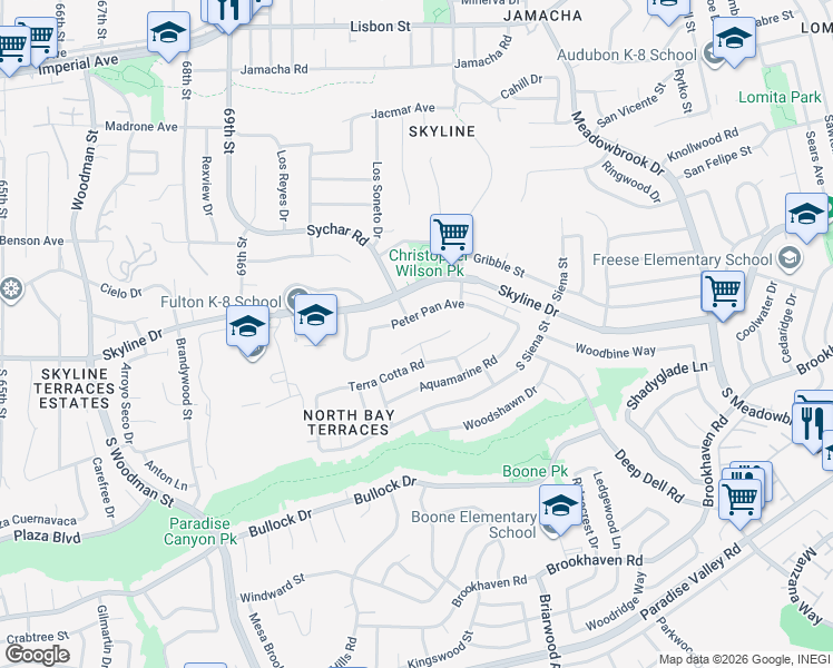 map of restaurants, bars, coffee shops, grocery stores, and more near 90 Danawoods Lane in San Diego