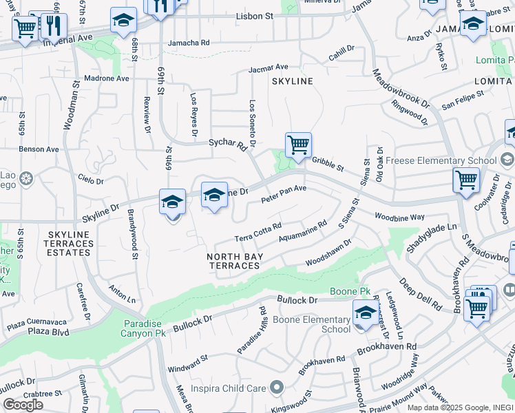 map of restaurants, bars, coffee shops, grocery stores, and more near 7133 Peter Pan Avenue in San Diego