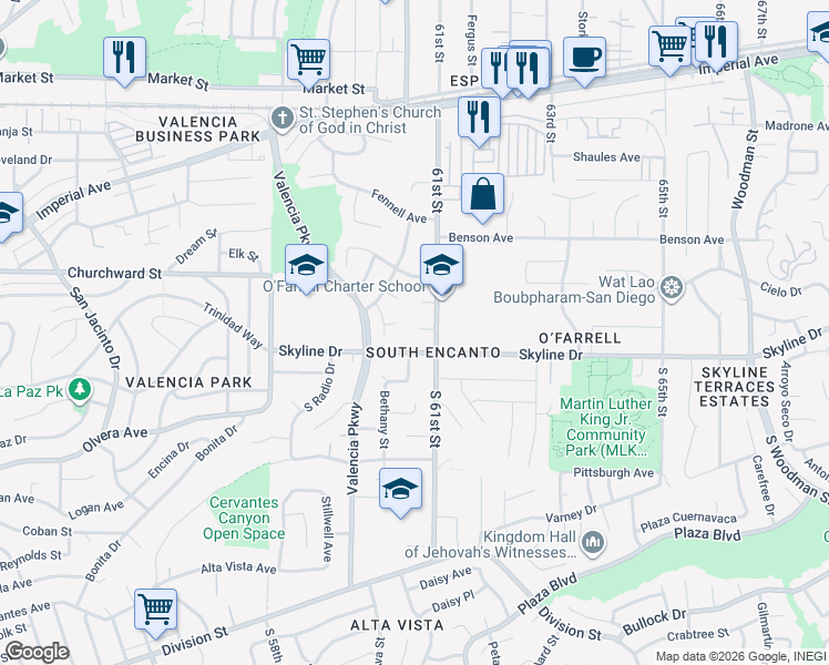 map of restaurants, bars, coffee shops, grocery stores, and more near 6062 Skyline Drive in San Diego