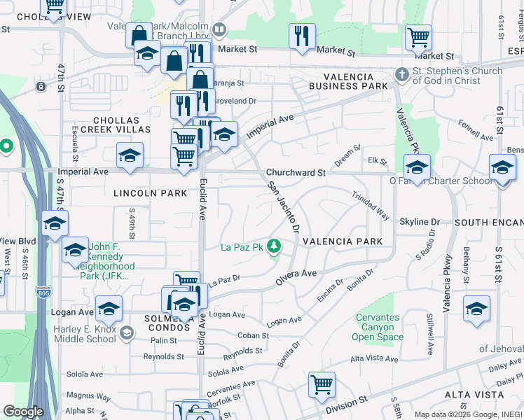 map of restaurants, bars, coffee shops, grocery stores, and more near 5269 Velma Terrace in San Diego