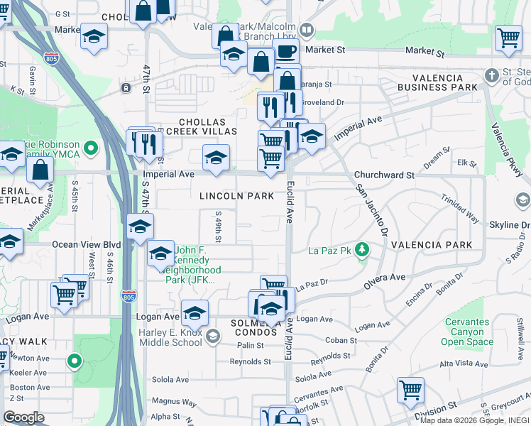 map of restaurants, bars, coffee shops, grocery stores, and more near 386 Saint Rita Court in San Diego