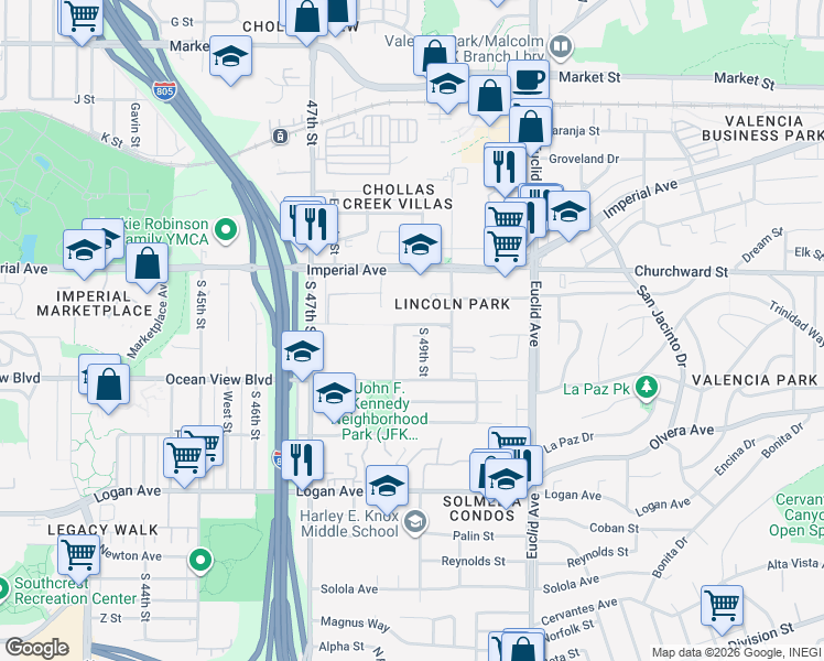 map of restaurants, bars, coffee shops, grocery stores, and more near 343 Gloria Street in San Diego