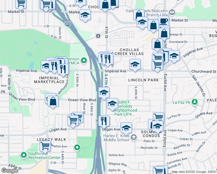 map of restaurants, bars, coffee shops, grocery stores, and more near 445 South 47th Street in San Diego
