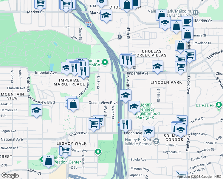 map of restaurants, bars, coffee shops, grocery stores, and more near 354 South 46th Street in San Diego
