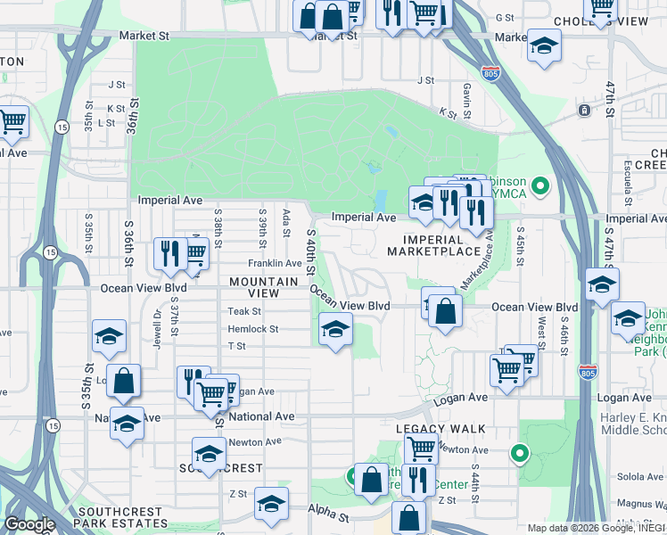 map of restaurants, bars, coffee shops, grocery stores, and more near 423 Cuyamaca Avenue in San Diego