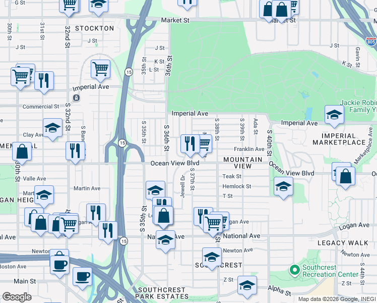 map of restaurants, bars, coffee shops, grocery stores, and more near 446 Olivewood Terrace in San Diego