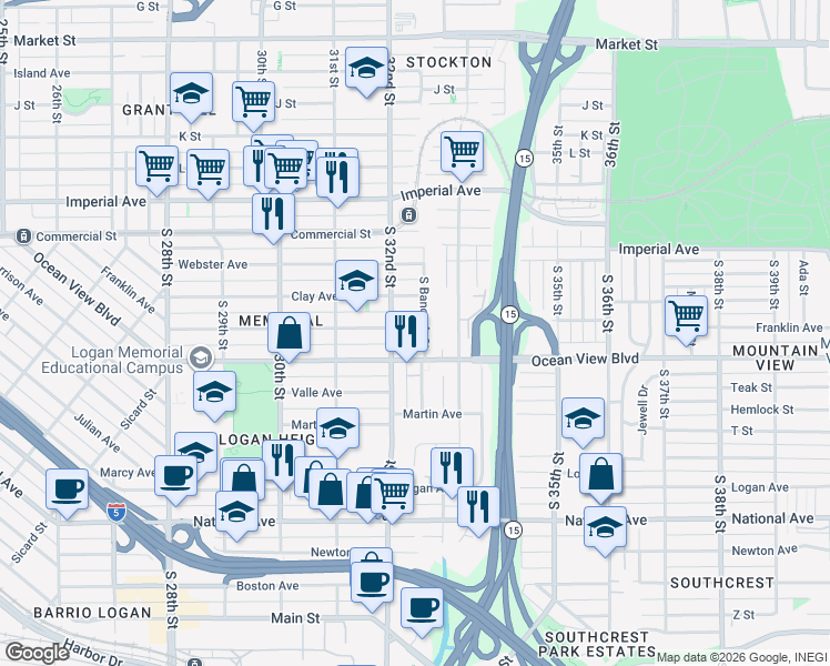 map of restaurants, bars, coffee shops, grocery stores, and more near in San Diego