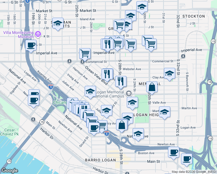 map of restaurants, bars, coffee shops, grocery stores, and more near 2237 Ocean View Boulevard in San Diego