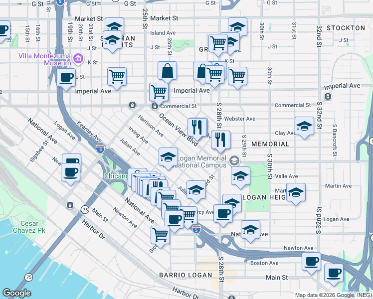 map of restaurants, bars, coffee shops, grocery stores, and more near 2177 Harrison Avenue in San Diego