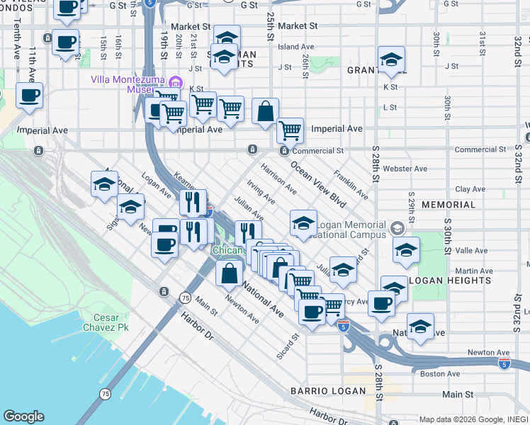 map of restaurants, bars, coffee shops, grocery stores, and more near 2009 Julian Avenue in San Diego