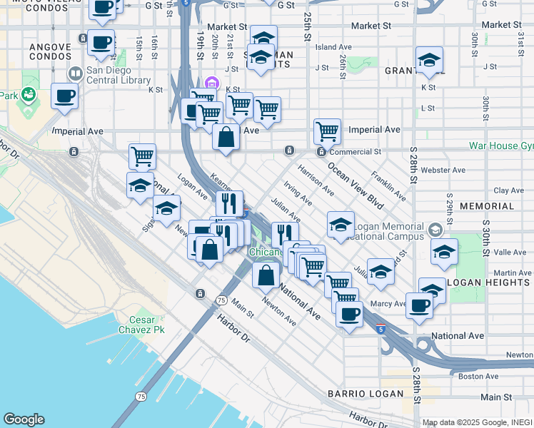 map of restaurants, bars, coffee shops, grocery stores, and more near 1964 Kearney Avenue in San Diego