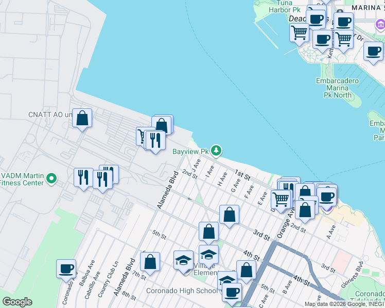 map of restaurants, bars, coffee shops, grocery stores, and more near 149 Alameda Boulevard in Coronado