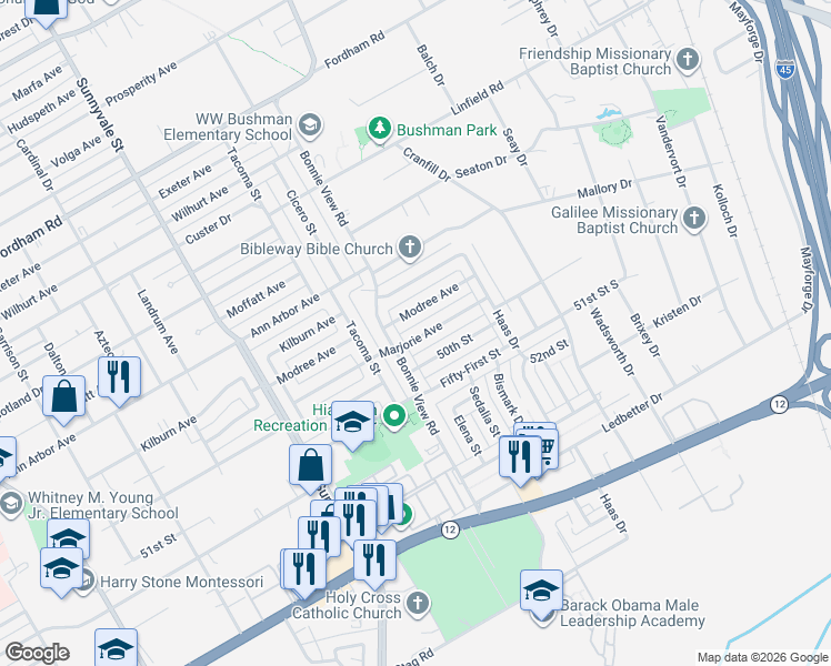 map of restaurants, bars, coffee shops, grocery stores, and more near 4643 Bonnie View Road in Dallas