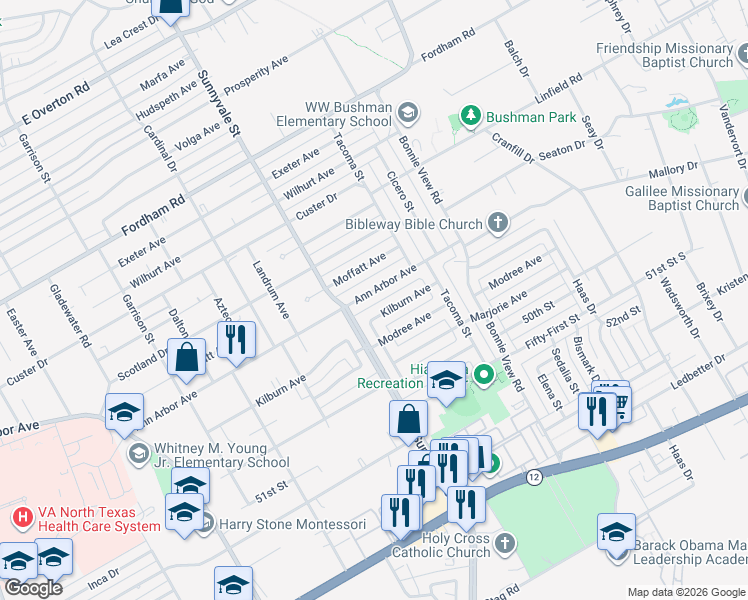 map of restaurants, bars, coffee shops, grocery stores, and more near 2828 Kilburn Avenue in Dallas