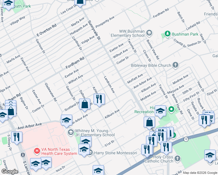 map of restaurants, bars, coffee shops, grocery stores, and more near 4407 Landrum Avenue in Dallas