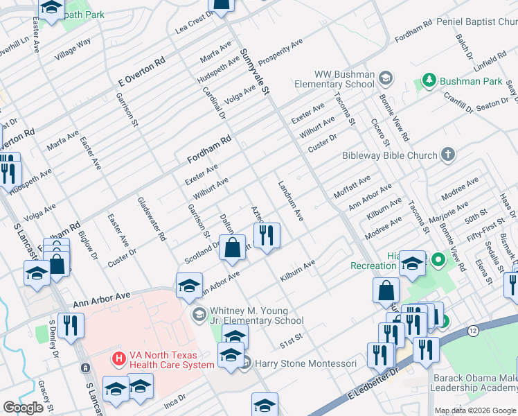 map of restaurants, bars, coffee shops, grocery stores, and more near 4308 Aztec Drive in Dallas