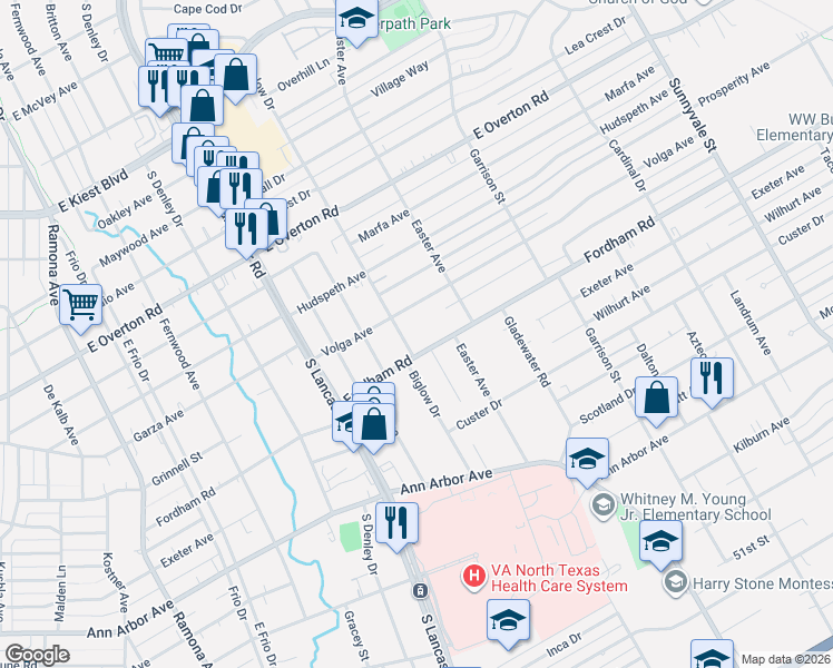 map of restaurants, bars, coffee shops, grocery stores, and more near 4015 Biglow Drive in Dallas