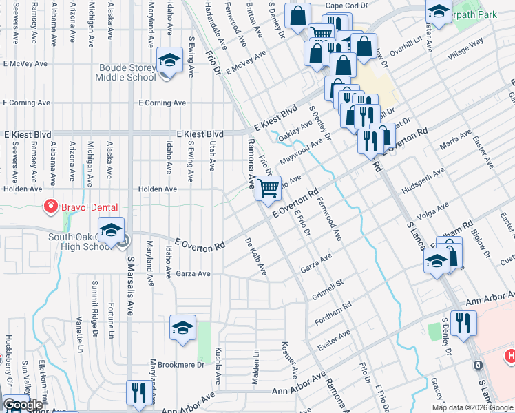 map of restaurants, bars, coffee shops, grocery stores, and more near 1323 East Overton Road in Dallas