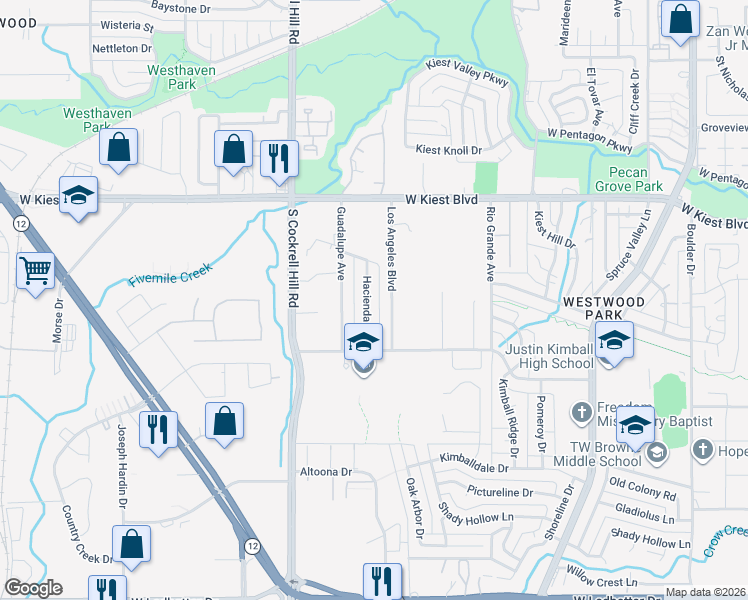 map of restaurants, bars, coffee shops, grocery stores, and more near 3514 Hacienda Drive in Dallas