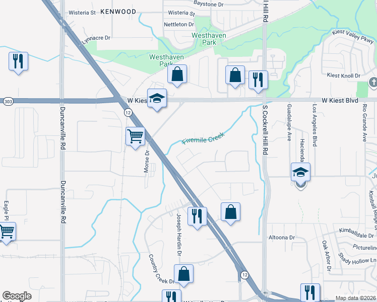 map of restaurants, bars, coffee shops, grocery stores, and more near 3500 South Walton Walker Boulevard in Dallas