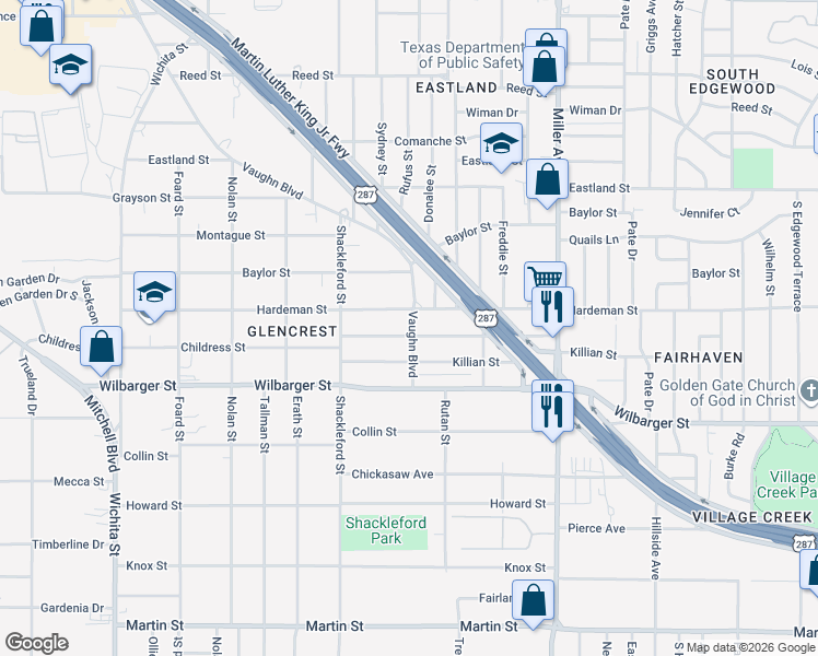 map of restaurants, bars, coffee shops, grocery stores, and more near 3724 Childress Street in Fort Worth