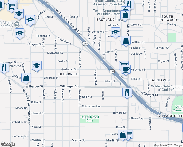 map of restaurants, bars, coffee shops, grocery stores, and more near 3724 Childress Street in Fort Worth