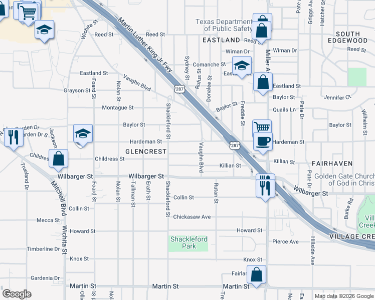 map of restaurants, bars, coffee shops, grocery stores, and more near 3620 Childress Street in Fort Worth