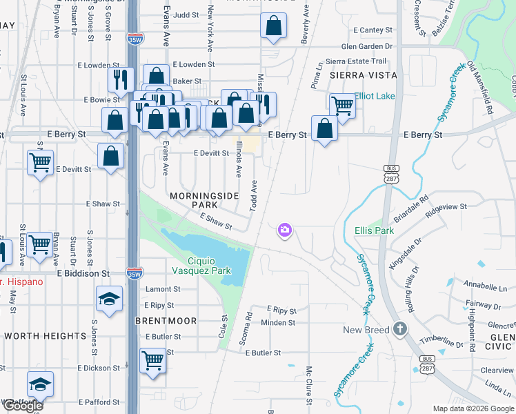 map of restaurants, bars, coffee shops, grocery stores, and more near 3289 Todd Avenue in Fort Worth
