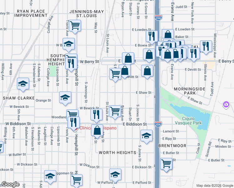 map of restaurants, bars, coffee shops, grocery stores, and more near 3317 South Main Street in Fort Worth