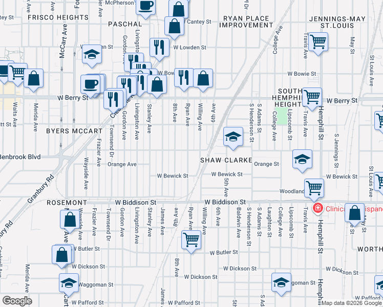map of restaurants, bars, coffee shops, grocery stores, and more near 3321 Ryan Avenue in Fort Worth