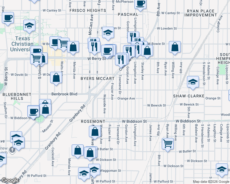 map of restaurants, bars, coffee shops, grocery stores, and more near 3321 Frazier Avenue in Fort Worth