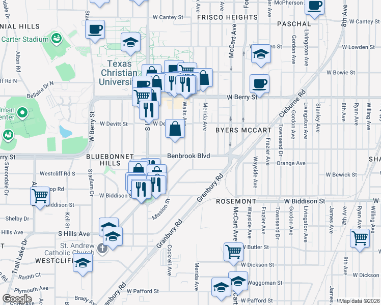 map of restaurants, bars, coffee shops, grocery stores, and more near 2817 Benbrook Boulevard in Fort Worth