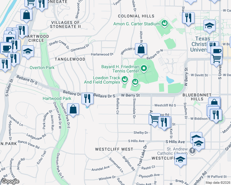 map of restaurants, bars, coffee shops, grocery stores, and more near 3813 Bellaire Drive South in Fort Worth