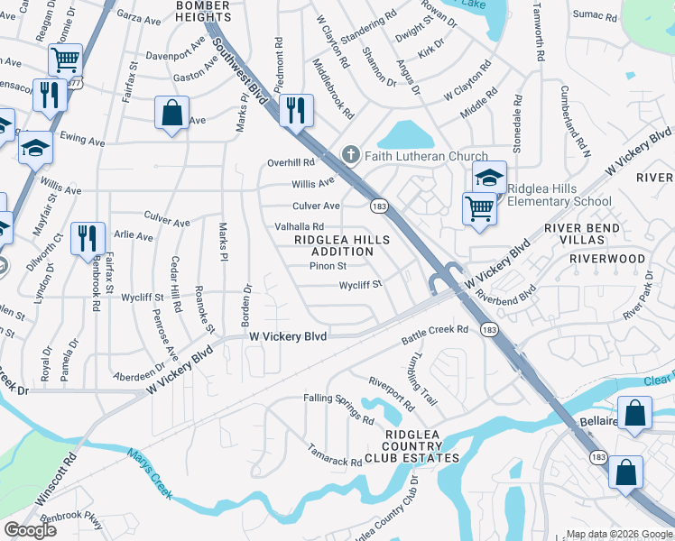 map of restaurants, bars, coffee shops, grocery stores, and more near 7008 Wycliff Street in Fort Worth