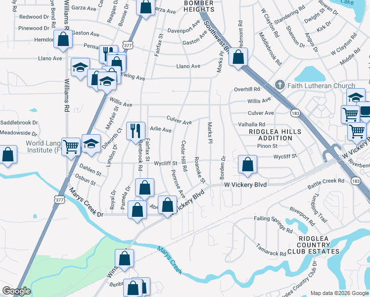 map of restaurants, bars, coffee shops, grocery stores, and more near 4936 Cedar Hill Road in Fort Worth