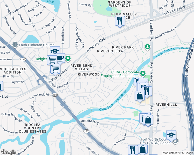map of restaurants, bars, coffee shops, grocery stores, and more near 3309 Riveroad Court in Fort Worth