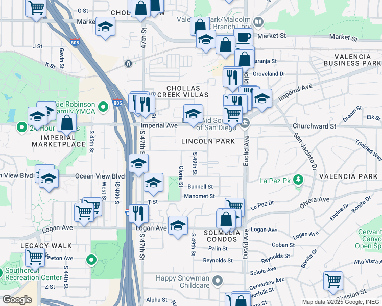 map of restaurants, bars, coffee shops, grocery stores, and more near 343 Gloria Street in San Diego