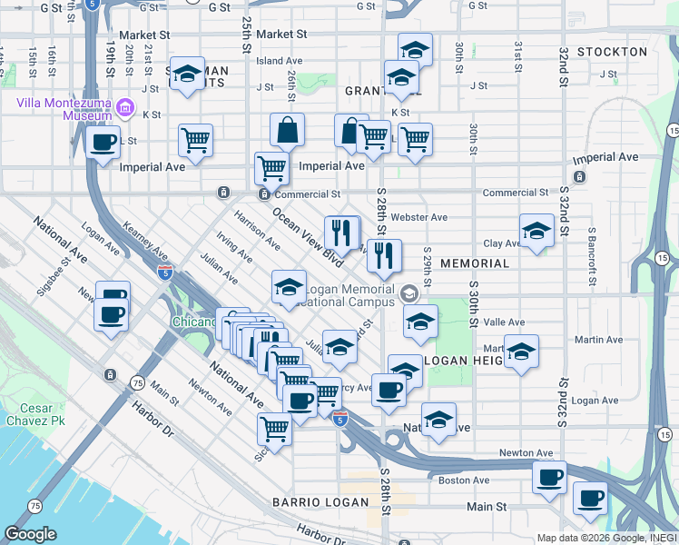 map of restaurants, bars, coffee shops, grocery stores, and more near 2165 Ocean View Boulevard in San Diego