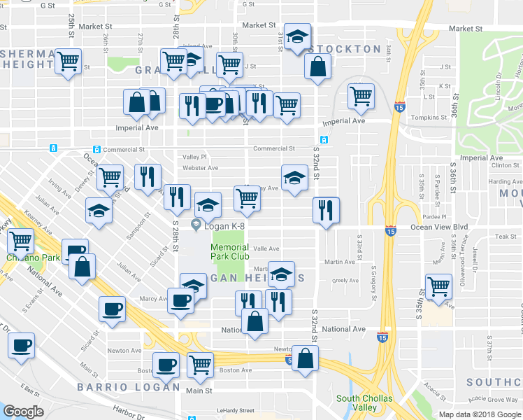 map of restaurants, bars, coffee shops, grocery stores, and more near 3039 Franklin Avenue in San Diego