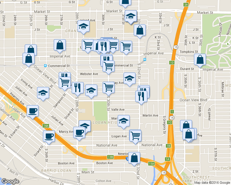 map of restaurants, bars, coffee shops, grocery stores, and more near 3043 Franklin Avenue in San Diego