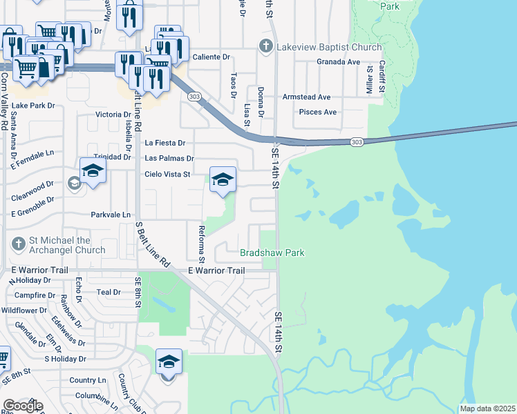 map of restaurants, bars, coffee shops, grocery stores, and more near 1310 Water Bridge in Grand Prairie