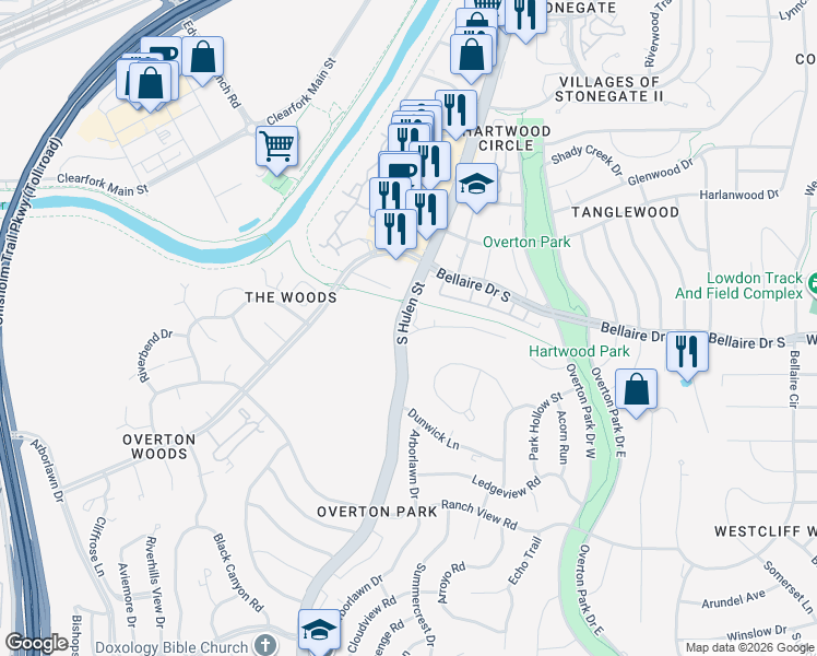 map of restaurants, bars, coffee shops, grocery stores, and more near 3304 South Hulen Street in Fort Worth