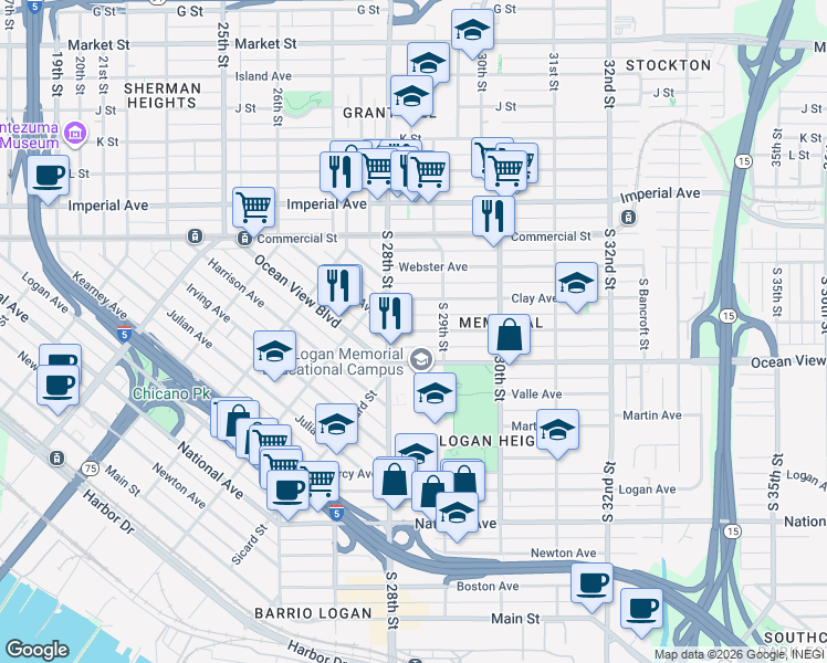 map of restaurants, bars, coffee shops, grocery stores, and more near 2802 Ocean View Boulevard in San Diego