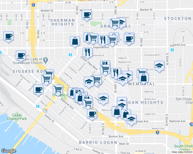 map of restaurants, bars, coffee shops, grocery stores, and more near 2177 Harrison Avenue in San Diego