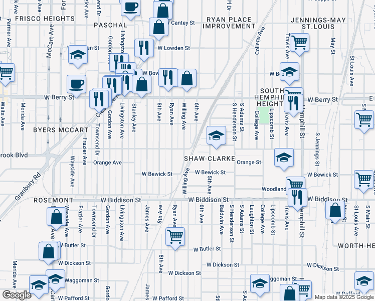 map of restaurants, bars, coffee shops, grocery stores, and more near 1329 Orange Avenue in Fort Worth